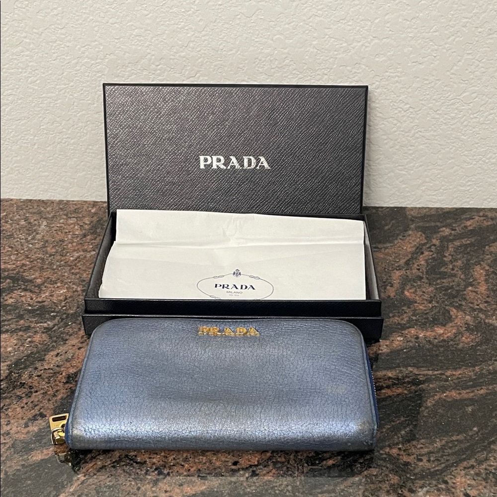 Prada Blue Wallet with Gold Details